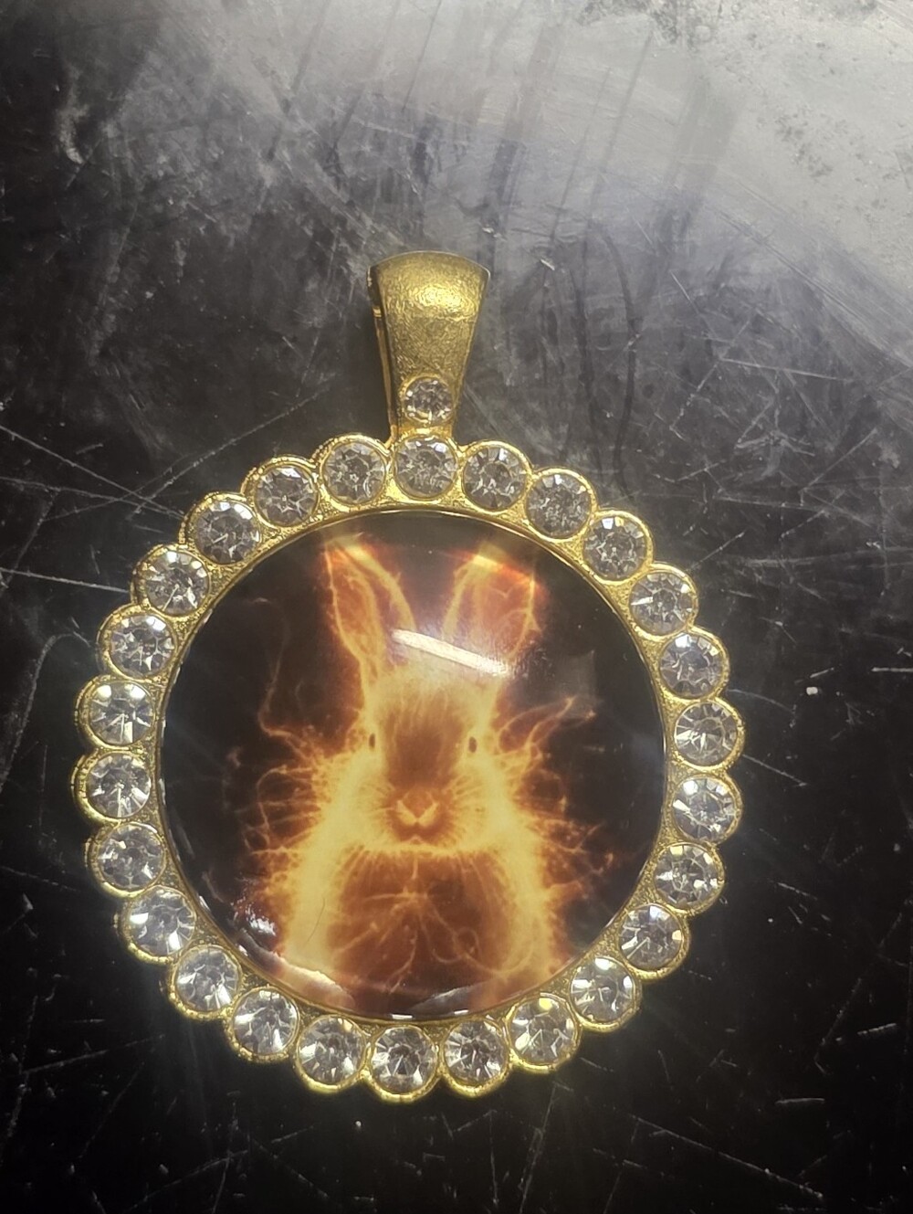 Rhinestone Bezel With Rabbit In Center With Fur Catching Light Beautiful Pendant